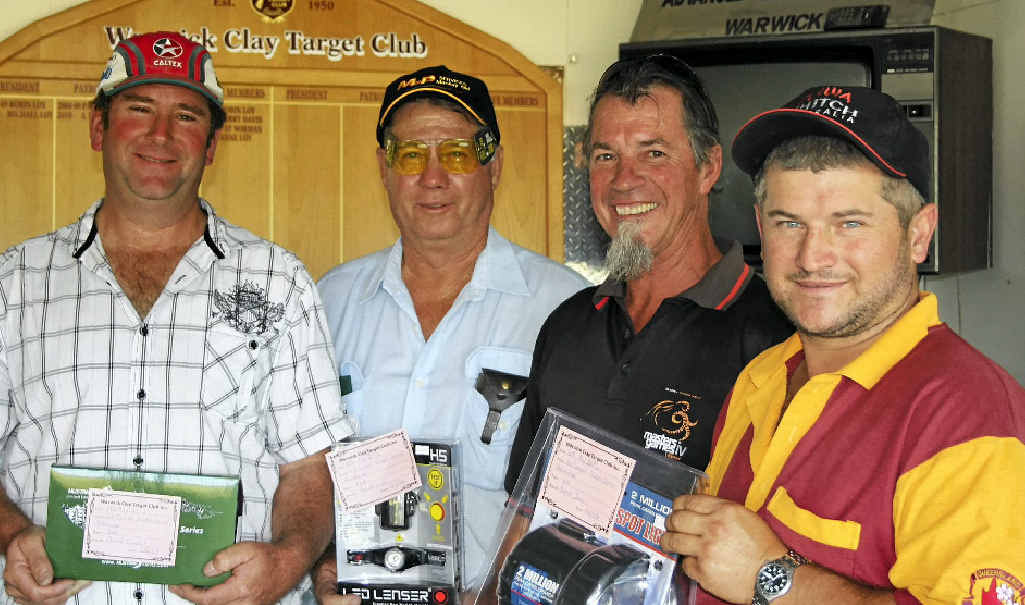 (From left) David Conduit, Tenterfield, 1st place, David Cox, Greymare, 2nd, John Lee, Taloom, 3rd, and Aaron Jones, Warwick, 4th, after the handicap event at the Warwick Clay Target Club Shoot. (From left) David Conduit, Tenterfield, 1st place, David Cox, Greymare, 2nd, John Lee, Taloom, 3rd, and Aaron Jones, Warwick, 4th, after the handicap event at the Warwick Clay Target Club Shoot.